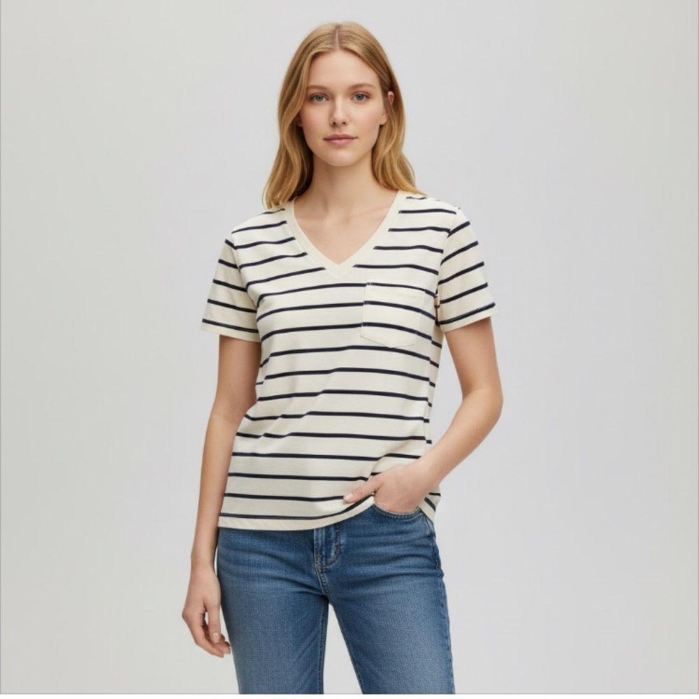 Madewell Women’s Short Sleeve V-Neck Navy and White Stripe Tee Shirt Size Small